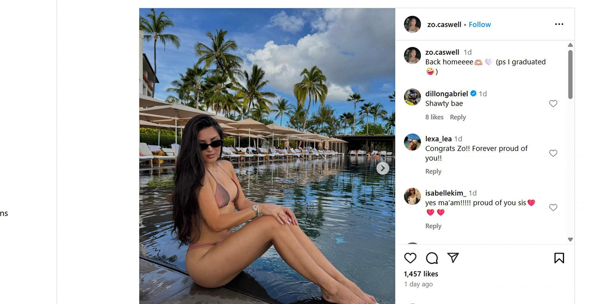 Dillon Gabriel drops 2-word reaction to GF Zo Caswell's poolside bikini look/@zo.caswell